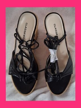 CLASSIFIED Black Lace-Up Espadrille Wedge Sandals with Wrap Ties